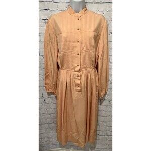 Vintage CASI 100% Silk Pleated Button Front Long Sleeve Tie Waist Dress Size 14